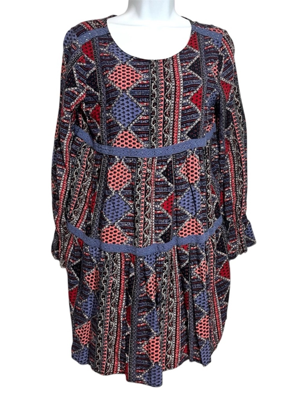 Roxy Boho Printed Peasant Dress Size Medium Patchwork Crochet Surf Beach Summer